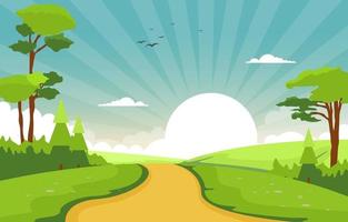 Summer Scene with Path, Trees and Sun Illustration vector