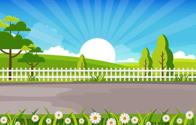 Summer Scene with Fence, Trees and Sun Illustration
