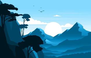 amanecer sobre ilustración de paisaje de bosque de montaña vector