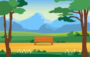 Summer Park with Field and Mountains and Bench Illustration vector
