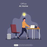 Businessman is working with his laptop. Man gets good idea and mood during working at home. Freelance, online education or social media concept. vector