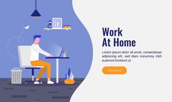 Work from home landing page concept. Man sitting on the chair and working with his laptop. vector