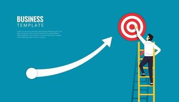 Business template design concept. Businessman character standing up on ladder with target symbol. Increase arrow aim to the dartboard vector illustration