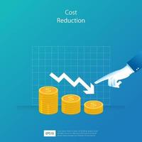 Cost reduction concept. decrease arrow and pointing finger vector illustration. Business template for banner, website or printing