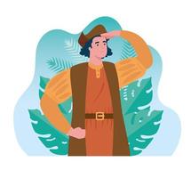 christopher columbus with tropical leaves vector