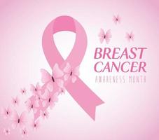 cinta rosa, símbolo del mes mundial de concientización sobre el cáncer de mama con decoración de mariposas vector