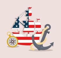 USA flag caravel with compass and anchor for happy Columbus day vector