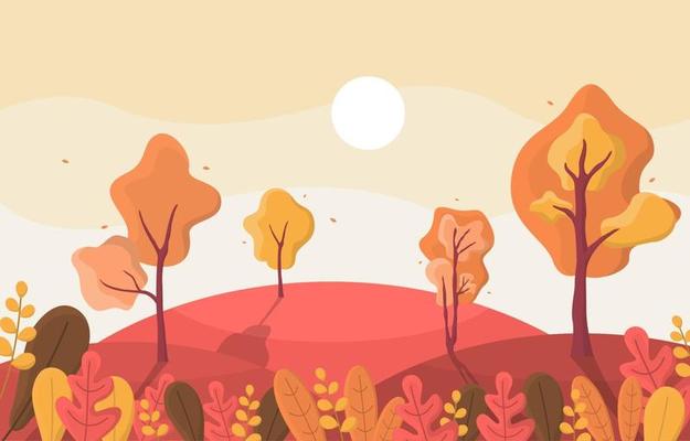Autumn Scene with Rolling Hills, Trees, and Leaves