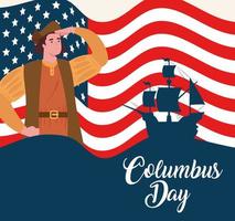 Happy Columbus day celebration banner with Christopher Columbus and USA flag vector