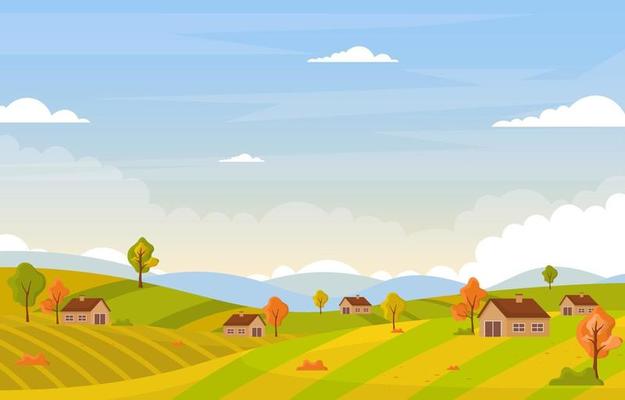 Autumn Scene with Rolling Hills, Trees, and Homes