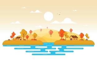 Autumn Scene with Rolling Hills, Trees, and Homes vector