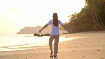 jovem mulher saudável praticando ioga na praia ao pôr do sol video
