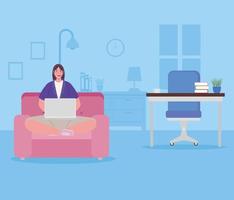 Woman with laptop working from home vector