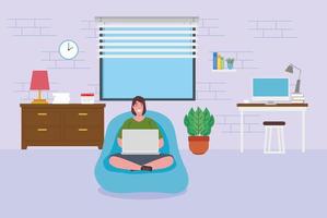 telework, woman with a laptop working from home vector