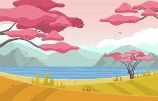 Autumn Scene with Japanese Sakura Trees and Mountains Panoramic Landscape vector