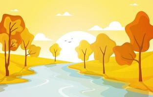 Golden Autumn Scene with Trees, River, and Sun vector