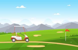 Golf Course with Red Flag, Golf Cart, and Mountains