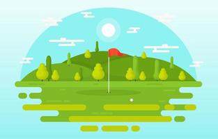 campo de golf con bandera roja, árboles y pelota de golf vector