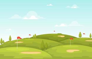 campo de golf con bandera roja, árboles y trampas de arena vector