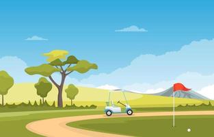 Golf Course with Red Flag, Golf Cart, and Mountains vector