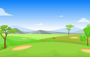 campo de golf con bandera roja, árboles y montañas vector