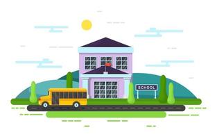 School Building with Yellow School Bus Outside vector