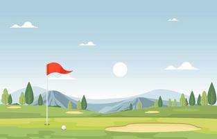 campo de golf con bandera roja, árboles y montañas vector