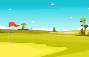 Golf Course with Red Flag, Trees, and Sand Traps