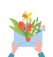 tarjeta con manos, sobre con flores de primavera, plantas en el interior y enviando letras de amor. Ilustración de vector plano de carta de amor. Feliz día de San Valentín fondo romántico, concepto de diseño de banner.