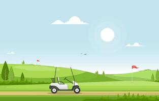 campo de golf con bandera roja, carrito de golf y colinas vector