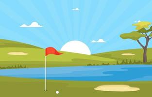 campo de golf con bandera roja, estanque y árboles vector