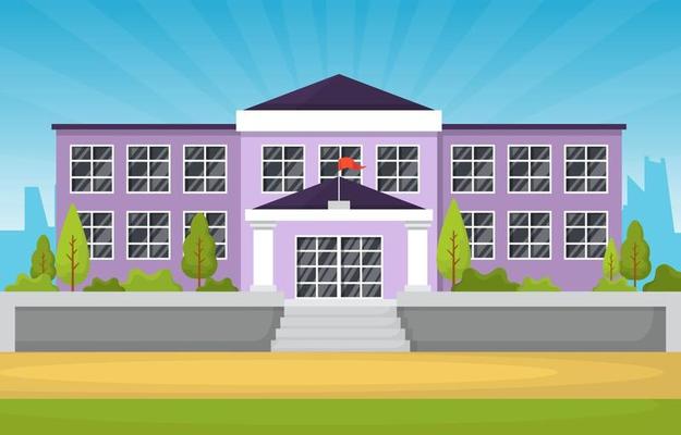 Large School Building with Trees and Flag