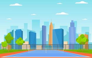 cancha de tenis al aire libre con horizonte de la ciudad vector