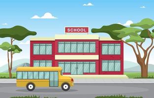 School Building with Yellow School Bus Outside vector