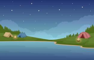 Camping Tents and Campfire By River and Mountains vector