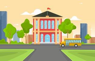 School Building with Yellow School Bus Outside vector