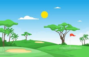 campo de golf con bandera roja, árboles y trampas de arena vector