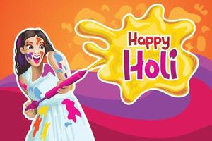 Holi Greetings with a girl splashing color vector