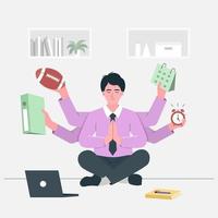 Busy businessman doing yoga meditation on the desk with multitasking and multi skill. vector