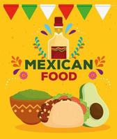 mexican food poster with bottle of tequila, taco, guacamole and avocado