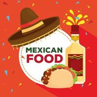 mexican food poster with hat, bottle of tequila and taco