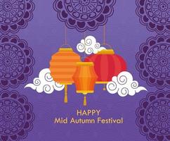 chinese mid autumn festival with lanterns hanging and clouds vector