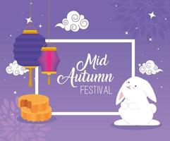 chinese mid autumn festival with rabbit, lanterns hanging and mooncake vector