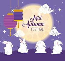 chinese mid autumn festival and rabbits, clouds, moon and lanterns hanging vector