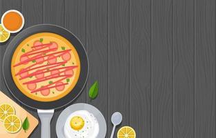 Eggs, Pizza, and Cooking Tools on Wooden Table vector