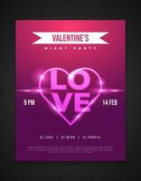 Valentine's night party invitation card or poster design with neon heart and glowing love word vector