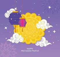 chinese mid autumn festival with mooncake, clouds and lanterns hanging vector