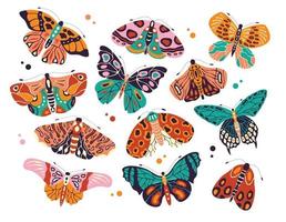 Collection of colorful hand drawn butterflies and moths on white background. Stylized flying insects, vector illustration.