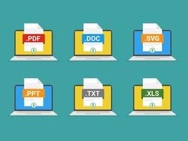 File formats on laptop flat icons set. White paper document pictograms with different file types, extensions. Web design graphic elements. Vector stock illustration.