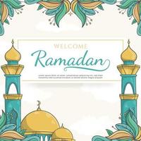 Dibujado a mano bienvenido fondo de tarjeta de felicitación de Ramadán con adornos islámicos vector